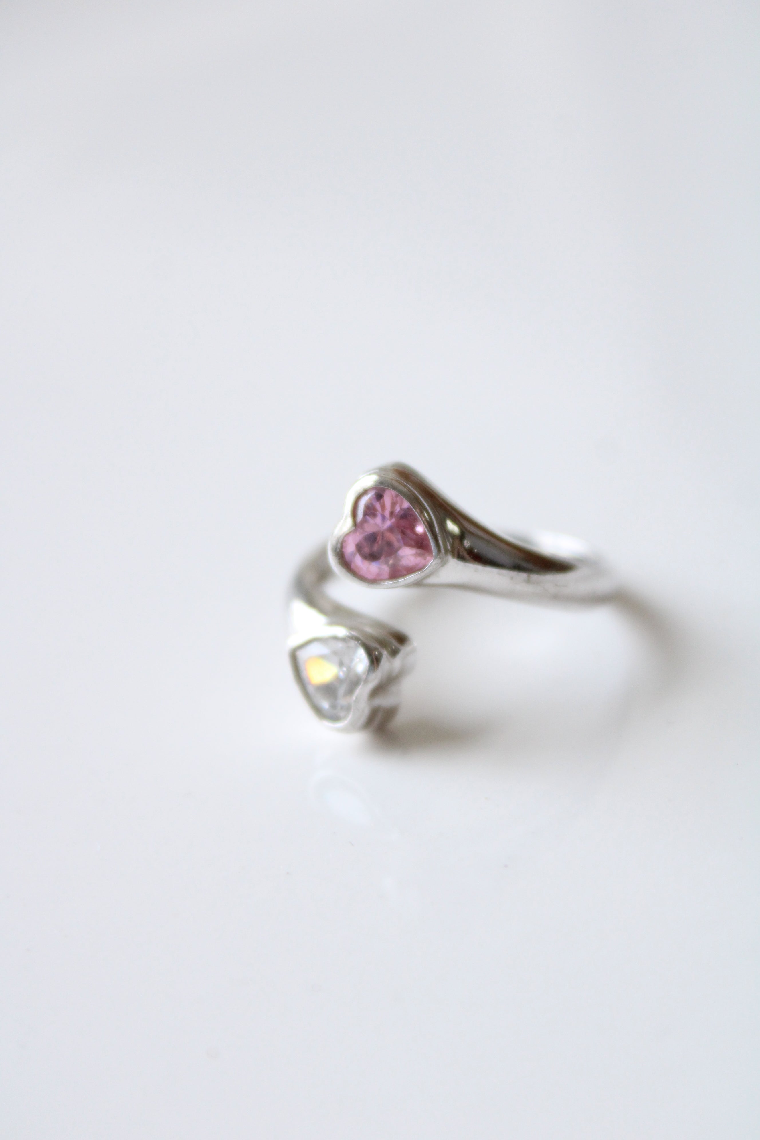 Silver Clear & Pink Crystal Heart Wrap Around Ring | Size 8