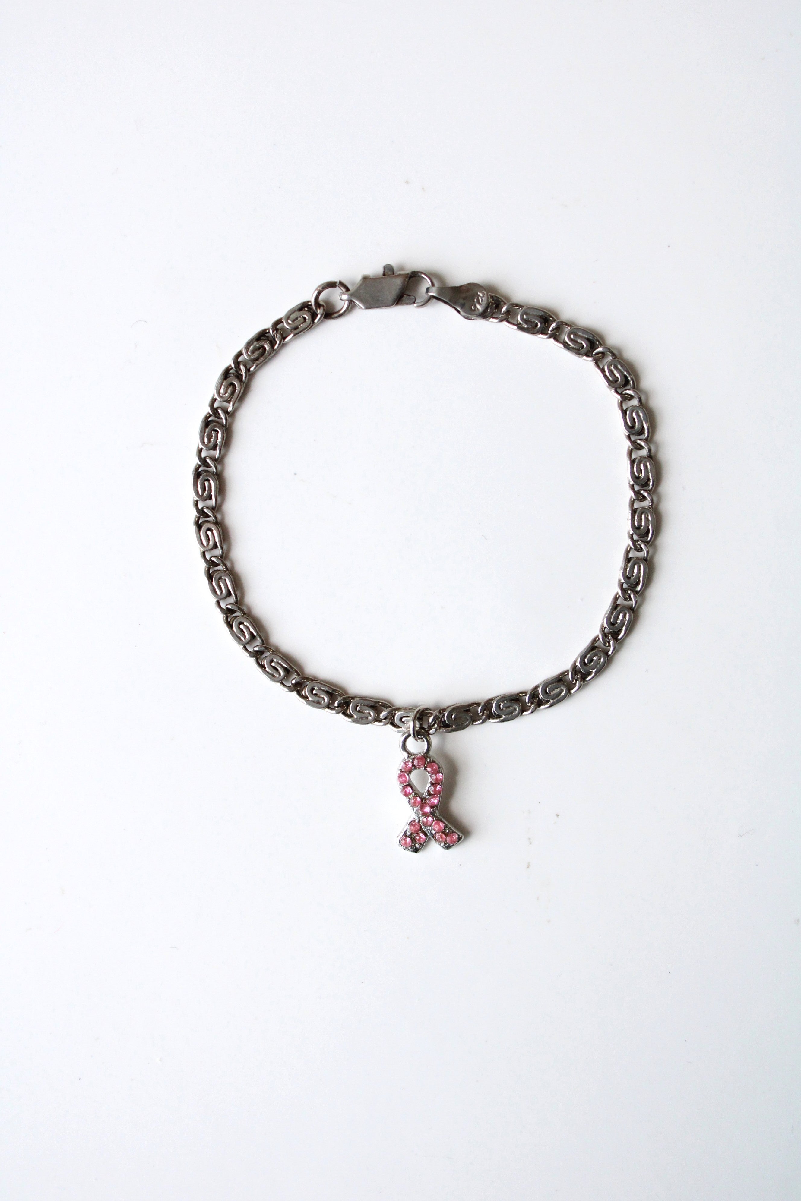 Sterling Silver Swirl Chain Breast Cancer Awareness Ribbon Bracelet