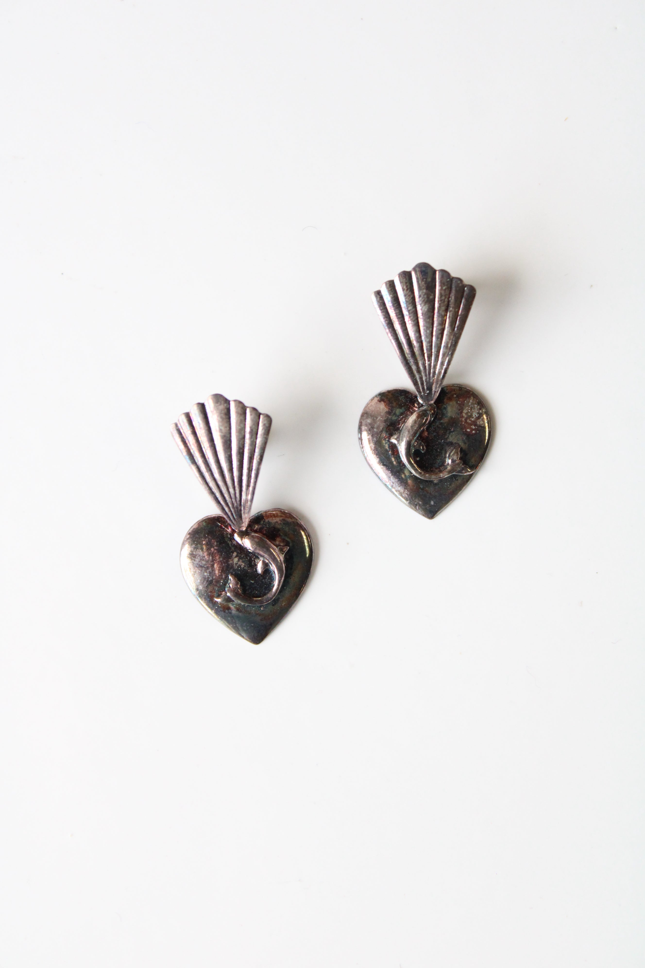 Vintage Dolphin Heart Sterling Silver Stud Dangle Earrings