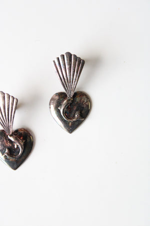 Vintage Dolphin Heart Sterling Silver Stud Dangle Earrings