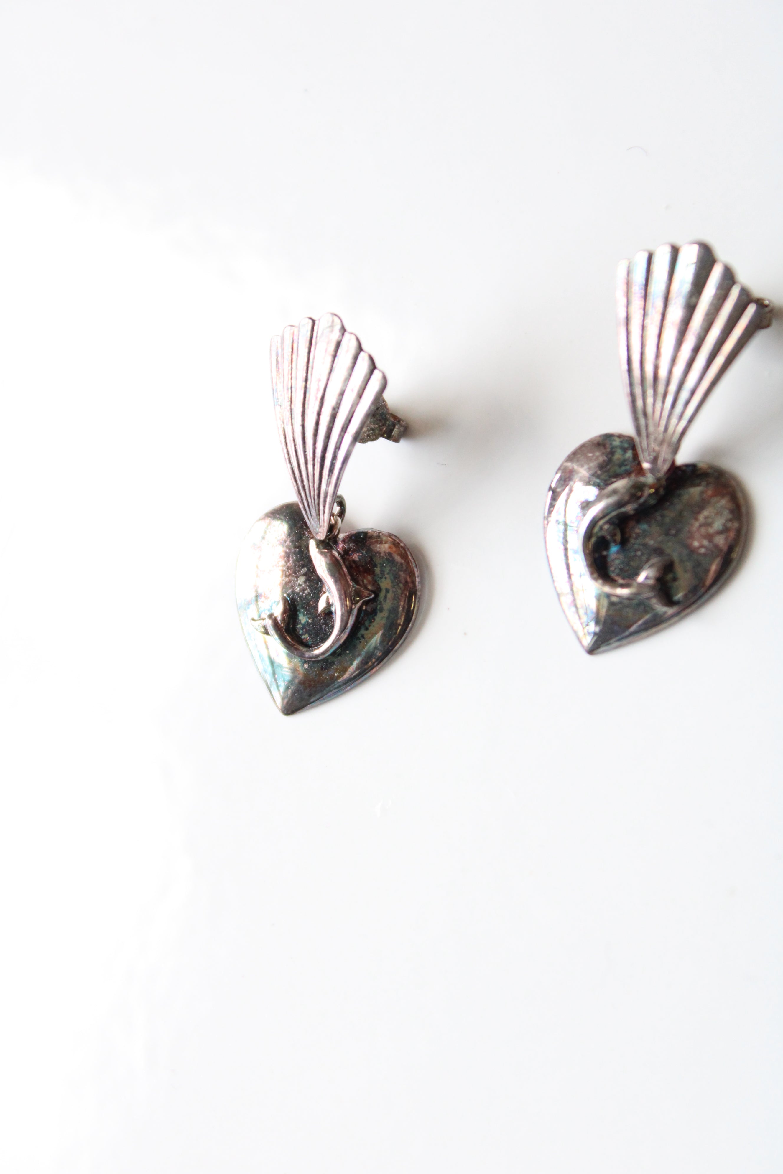 Vintage Dolphin Heart Sterling Silver Stud Dangle Earrings