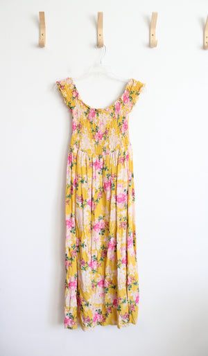Lark & Grey Yellow & Pink Floral Smocked Off-The-Shoulder Maxi Dress | L