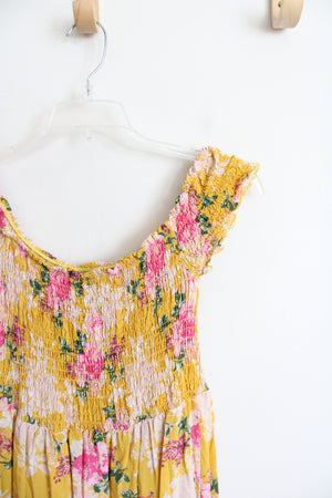 Lark & Grey Yellow & Pink Floral Smocked Off-The-Shoulder Maxi Dress | L