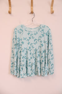 Lands' End Aqua Butterfly Ruffle Top | L (10/12)