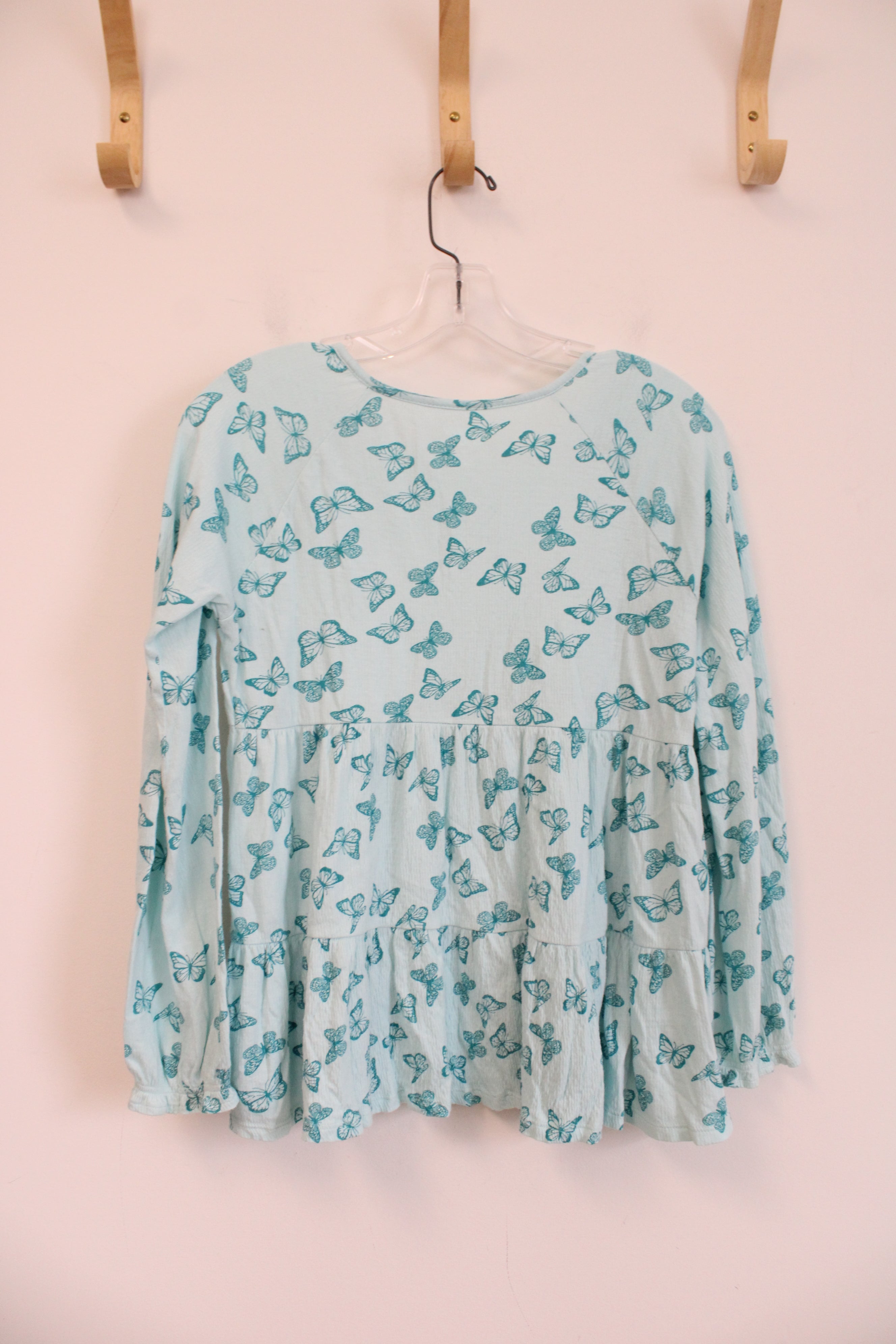 Lands' End Aqua Butterfly Ruffle Top | L (10/12)