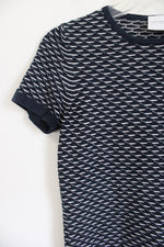 Liz Claiborne Navy Blue White Patterned Silk Knit Top | Petite