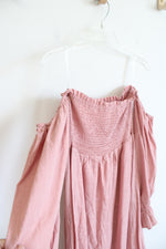 Elloh Dusty Pink Smocked Strapless Off-The-Shoulder Long Sleeved Smocked Dress | M