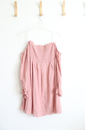 Elloh Dusty Pink Smocked Strapless Off-The-Shoulder Long Sleeved Smocked Dress | M