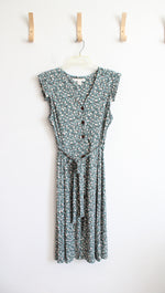 Monteau Muted Teal & White Floral Button Down Ruffled Sleeved Dress | XL