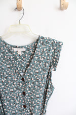 Monteau Muted Teal & White Floral Button Down Ruffled Sleeved Dress | XL