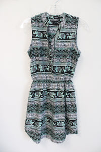 Derek Heart Mint Green Black & White Elephant Patterned Dress | S