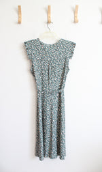 Monteau Muted Teal & White Floral Button Down Ruffled Sleeved Dress | XL