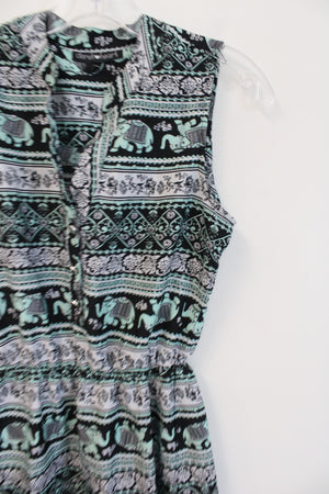 Derek Heart Mint Green Black & White Elephant Patterned Dress | S