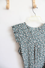 Monteau Muted Teal & White Floral Button Down Ruffled Sleeved Dress | XL