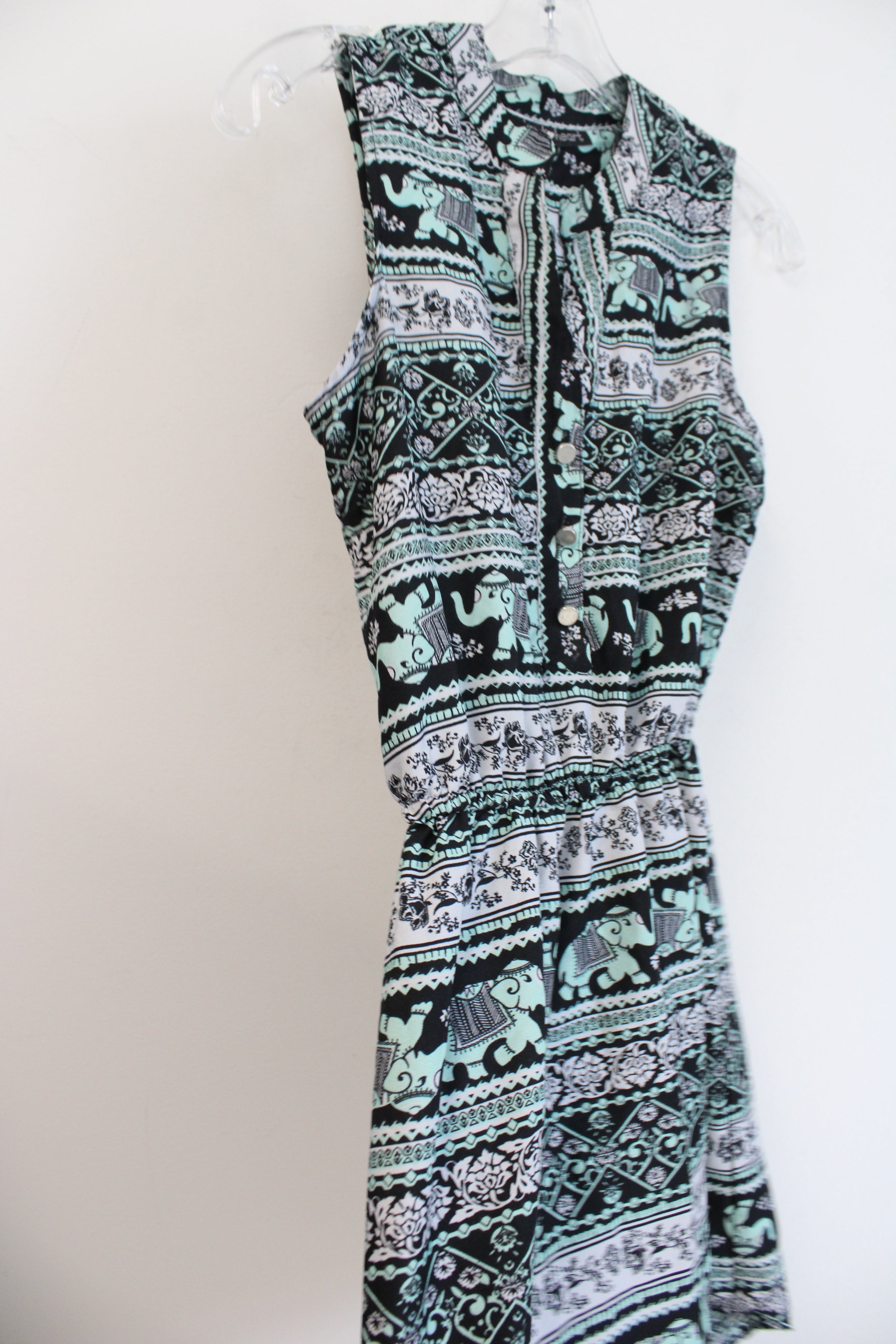 Derek Heart Mint Green Black & White Elephant Patterned Dress | S