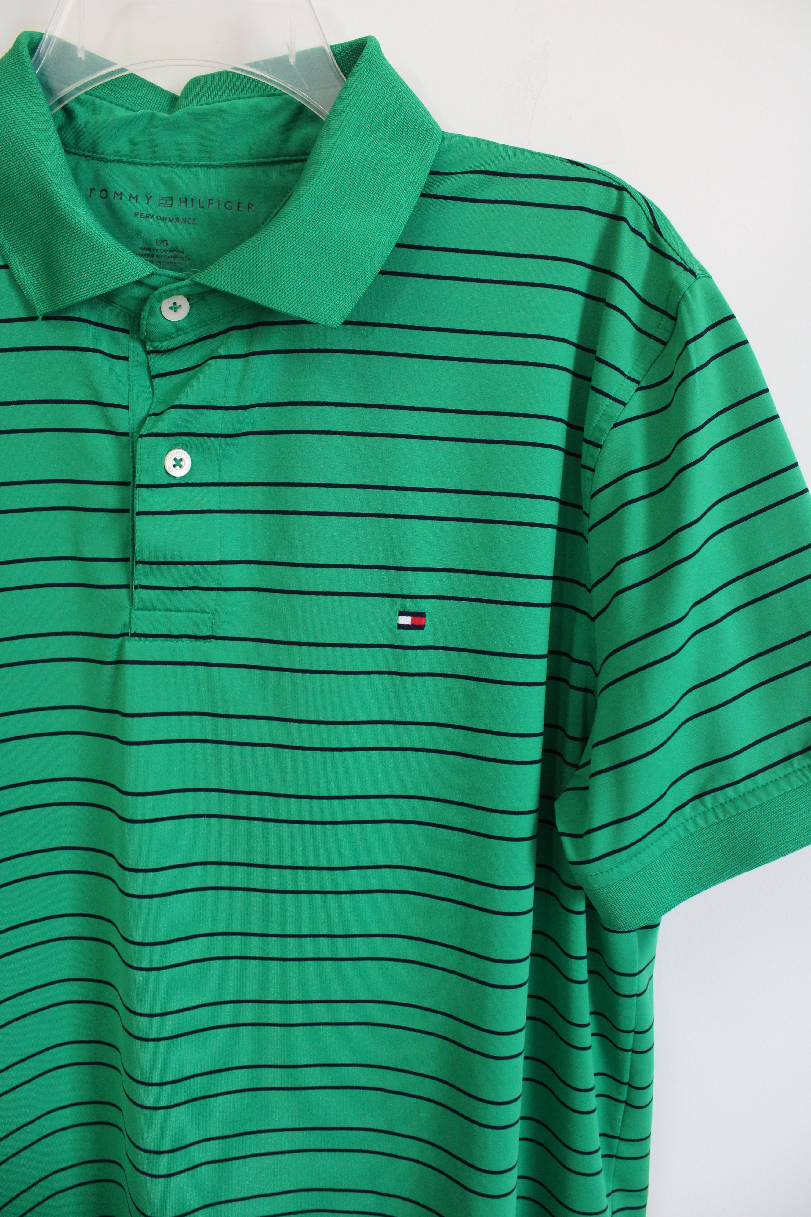 Tommy Hilfiger Performance Green Navy Blue Striped Polo Shirt | L