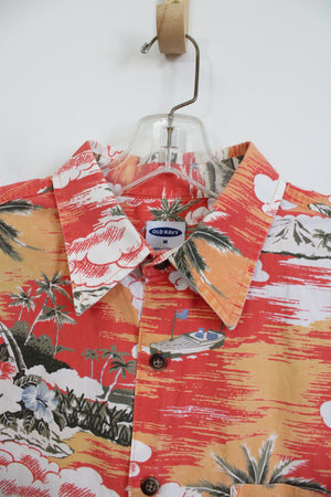 Old Navy Orange Tropical Print Hawaiian Cotton Shirt | M