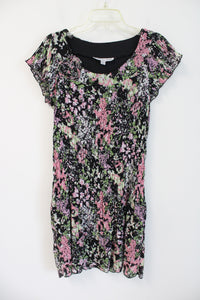 Madison Leigh Black Pink & Green Floral Pleated Dress | 12 Petite