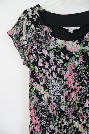 Madison Leigh Black Pink & Green Floral Pleated Dress | 12 Petite