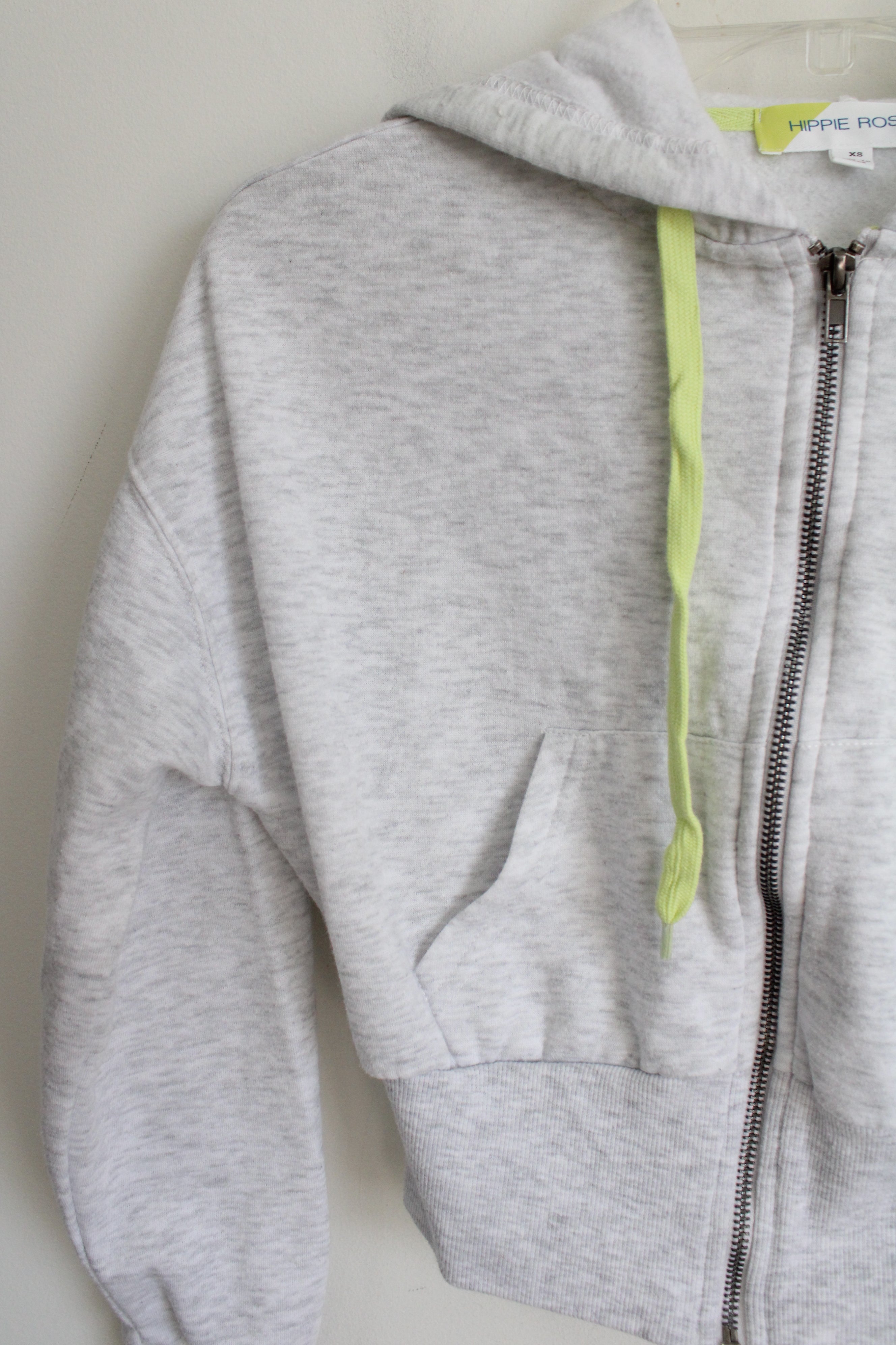 Hippie Rose White Gray Heather Green Tie Crop Hoodie | XS