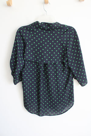 NEW Pearl By Lela Rose Navy & Green Fluid Crepe Camp Polka Dotted Shirt | XS