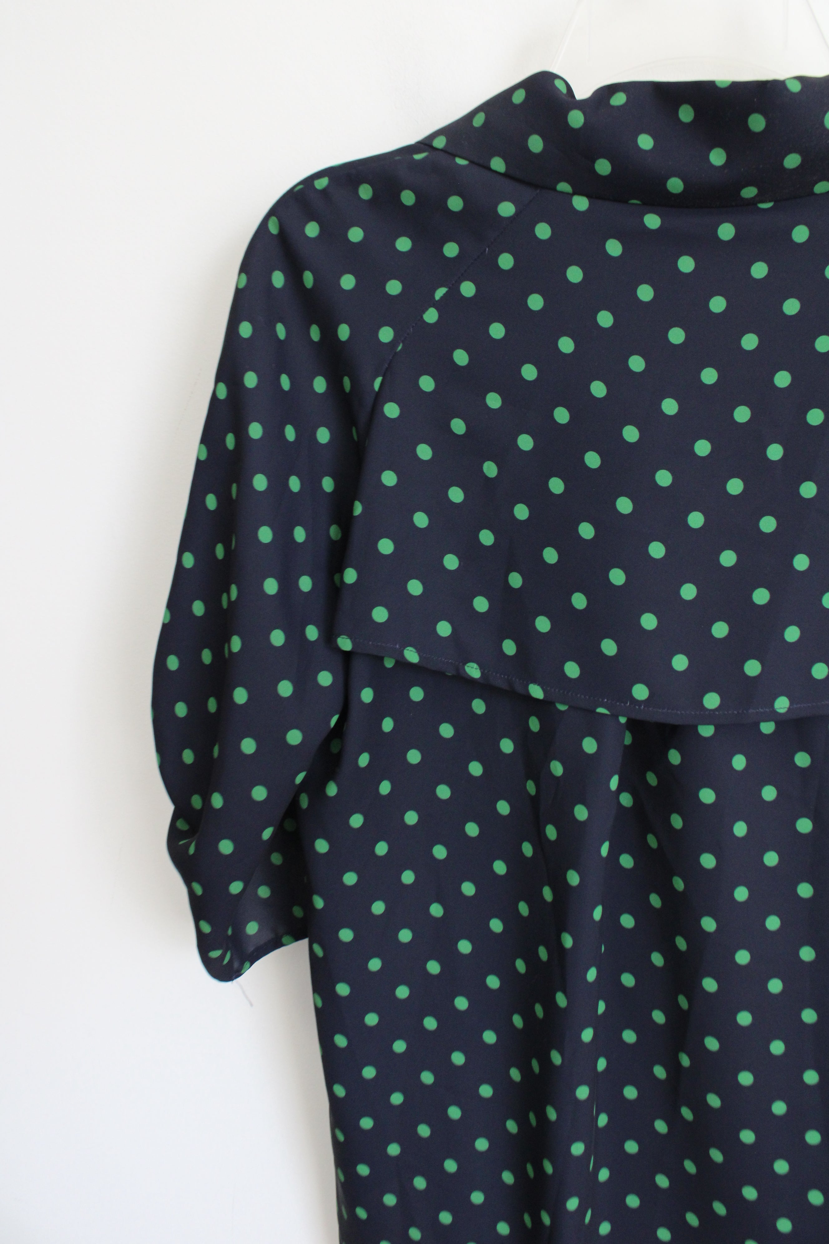 NEW Pearl By Lela Rose Navy & Green Fluid Crepe Camp Polka Dotted Shirt | XS