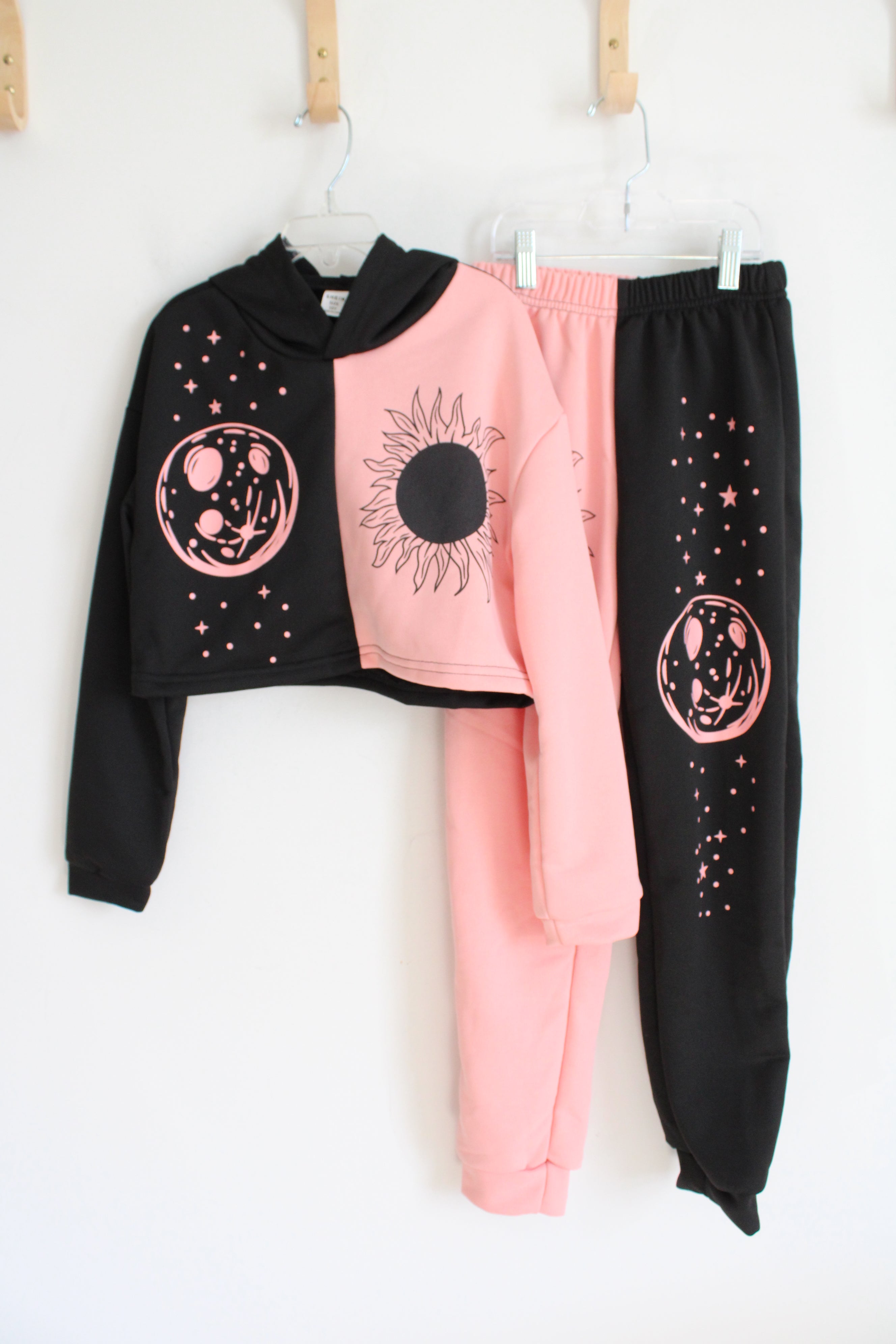 Shein Pink & Black Sunflower & Planet Hoodie & Sweatpant Set | Youth 10