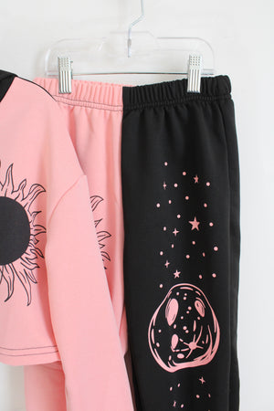 Shein Pink & Black Sunflower & Planet Hoodie & Sweatpant Set | Youth 10