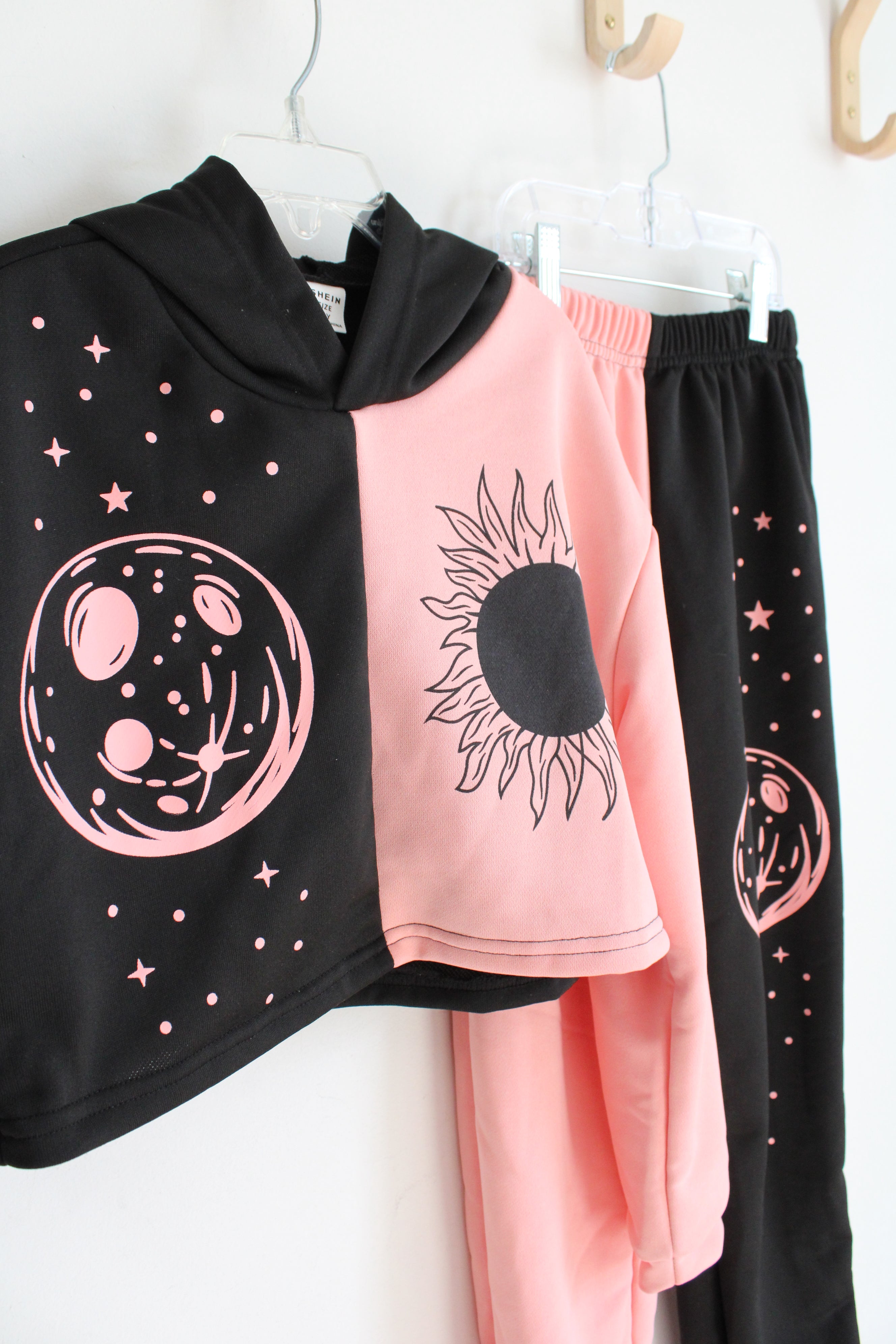 Shein Pink & Black Sunflower & Planet Hoodie & Sweatpant Set | Youth 10