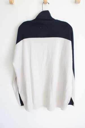 NEW Brodie Cashmere Navy & White Colorblocked Knit Turtleneck Sweater | XL