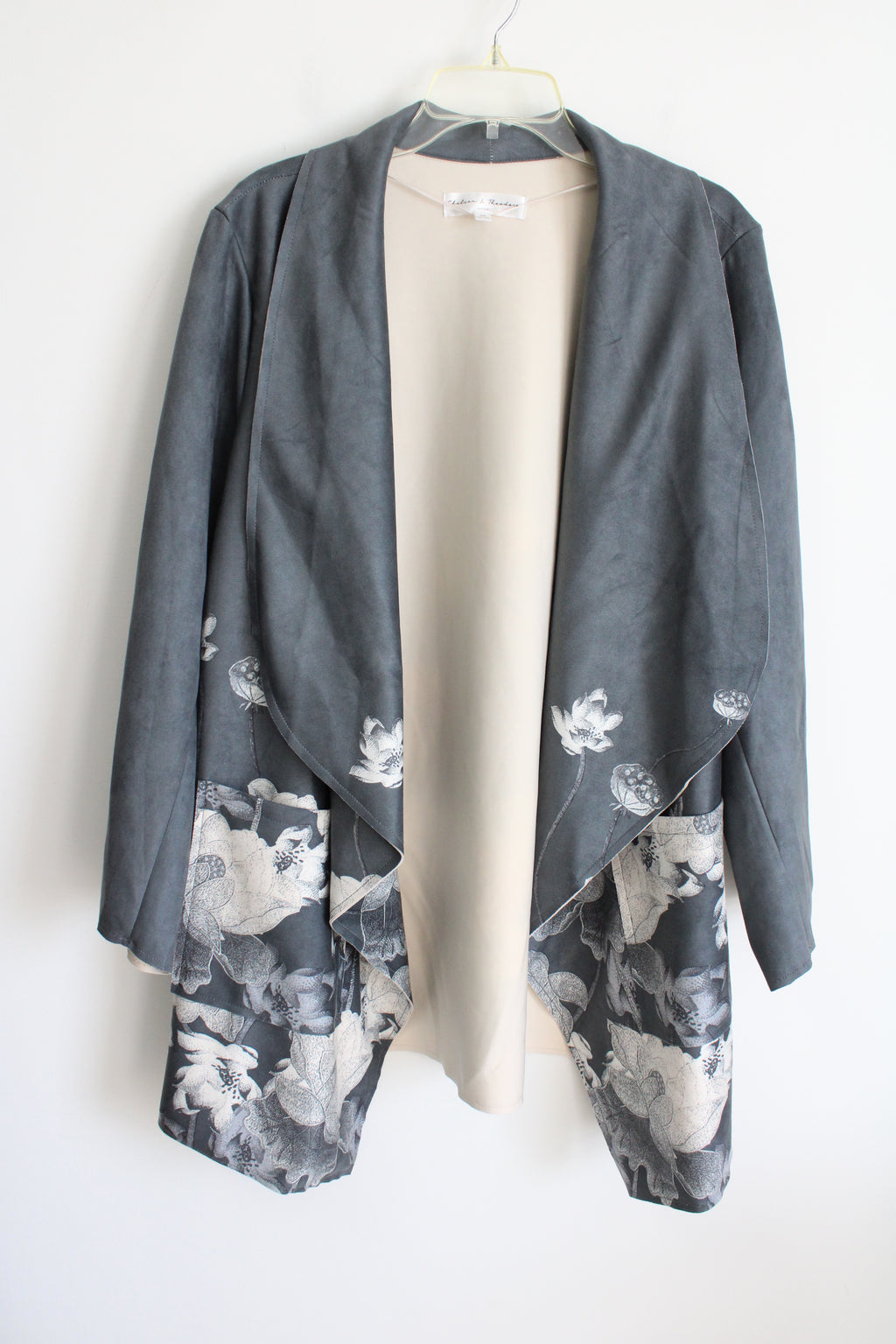 Chelsea & Theodore Gray Floral Sueded Cardigan Jacket | 3X