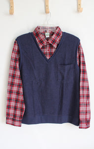 Haband Connected Blue Vest & Red Plaid Button Down Shirt | XL