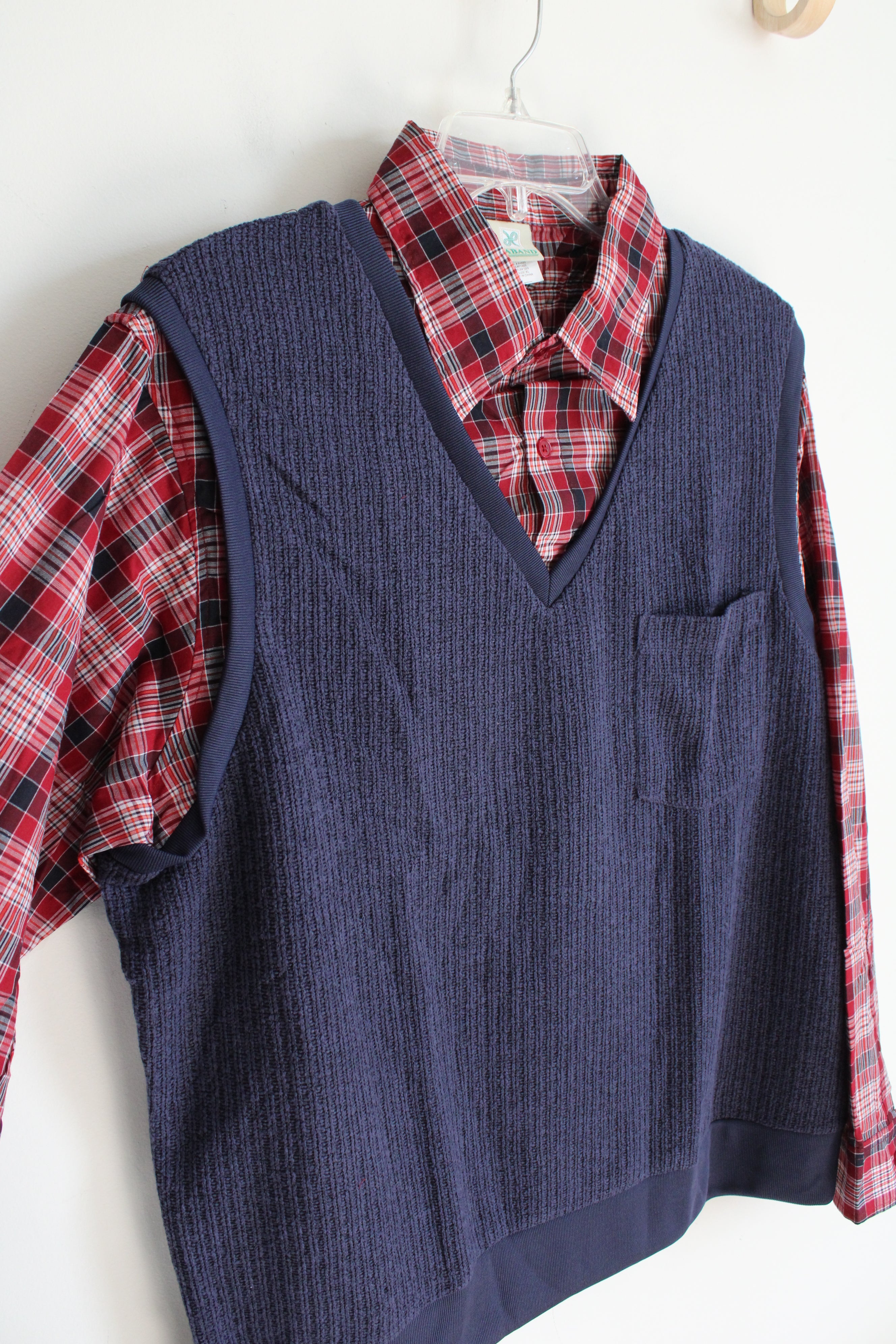 Haband Connected Blue Vest & Red Plaid Button Down Shirt | XL