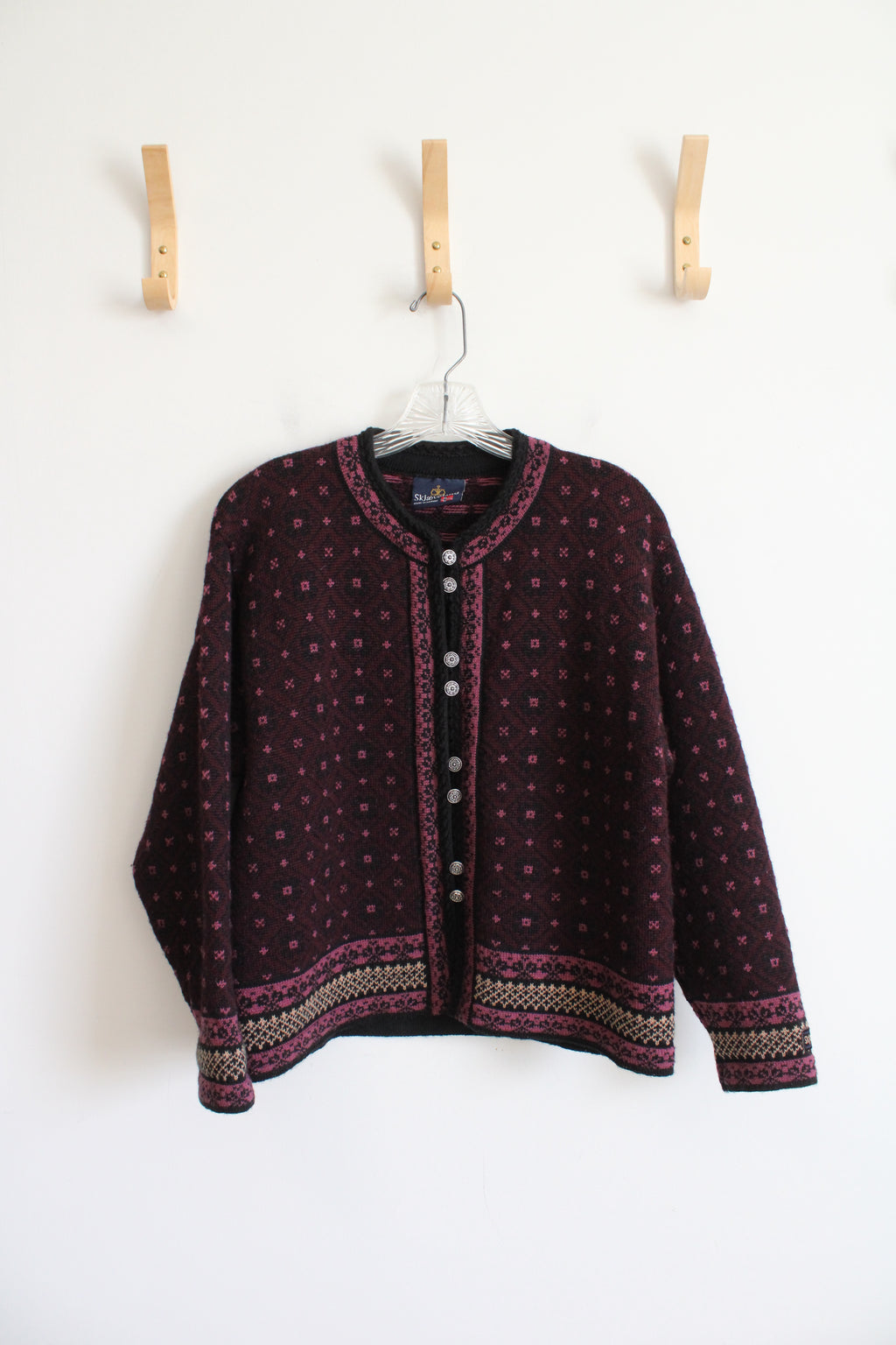 Skjaeveland Norway Burgundy Patterned Wool Sweater | L