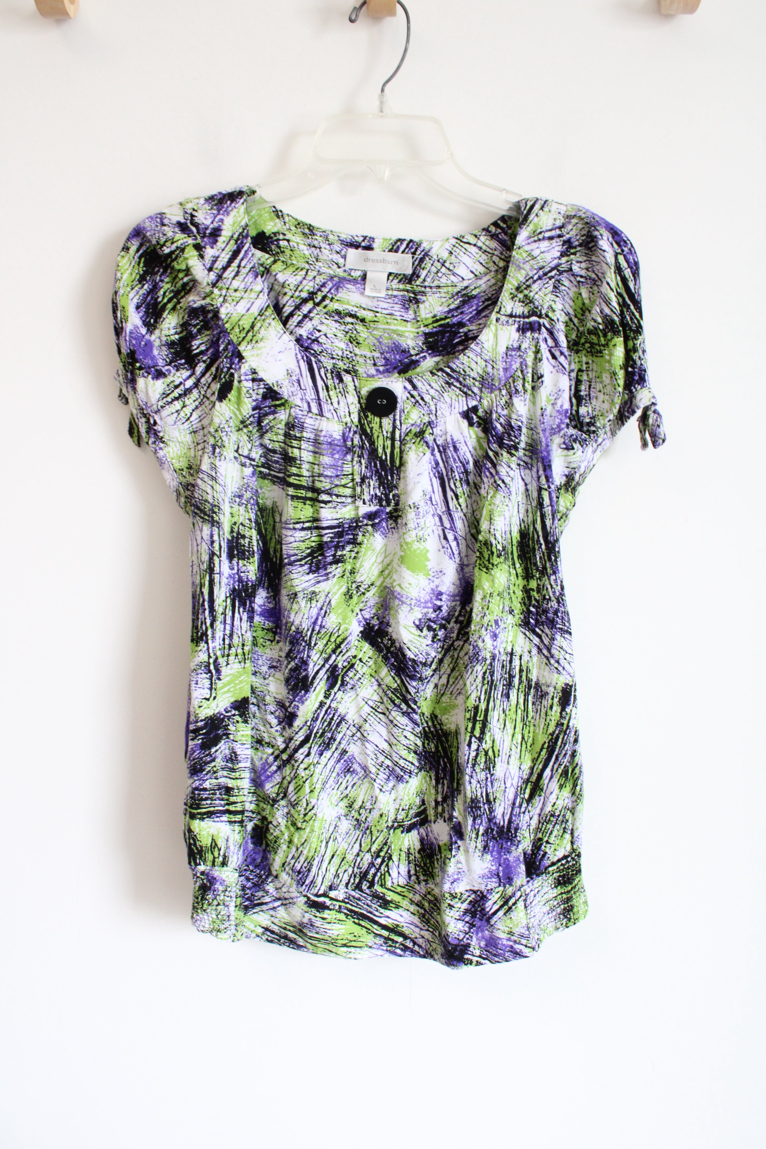 Dressbarn Purple Black & Green Patterned White Top | L