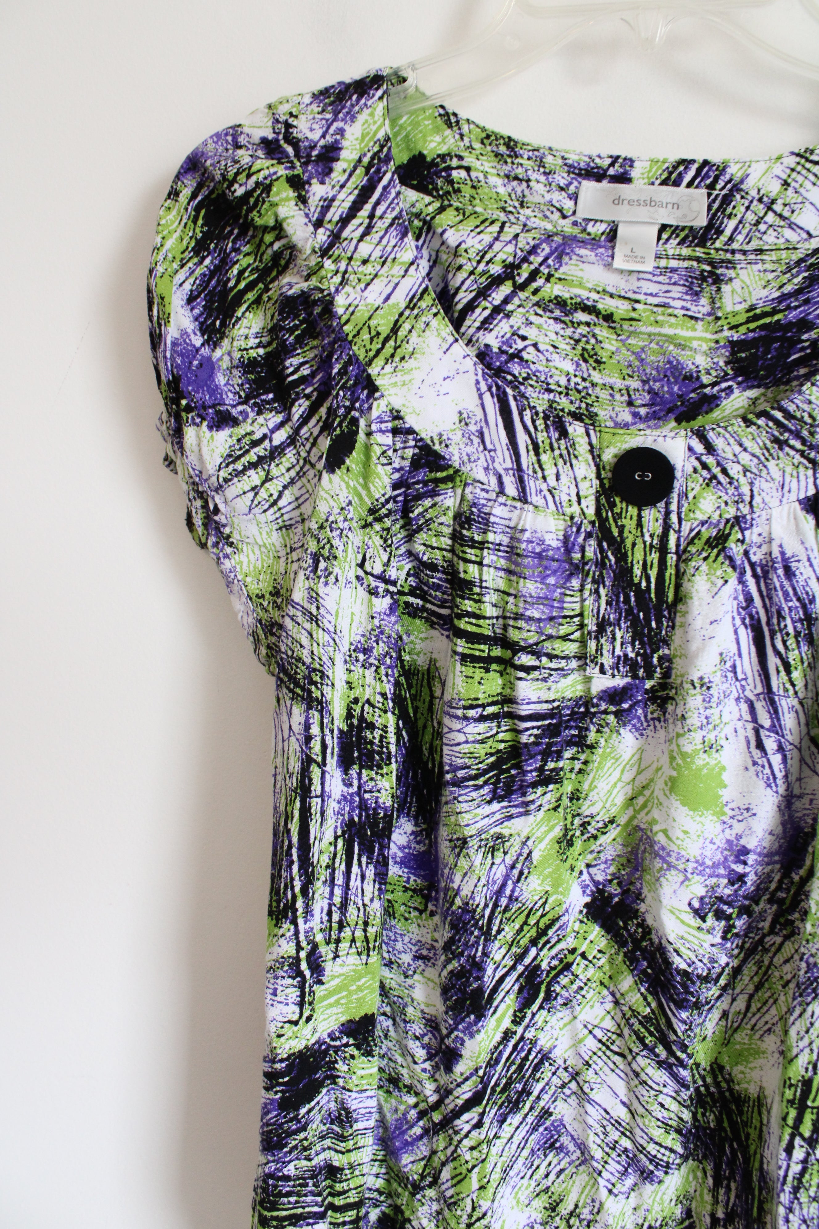 Dressbarn Purple Black & Green Patterned White Top | L