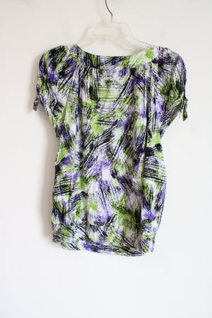 Dressbarn Purple Black & Green Patterned White Top | L