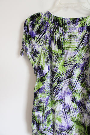 Dressbarn Purple Black & Green Patterned White Top | L