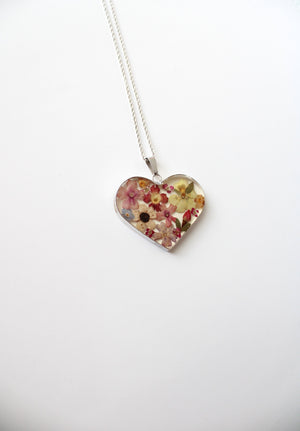 Wildflower Resin Silver Heart Pendant Necklace