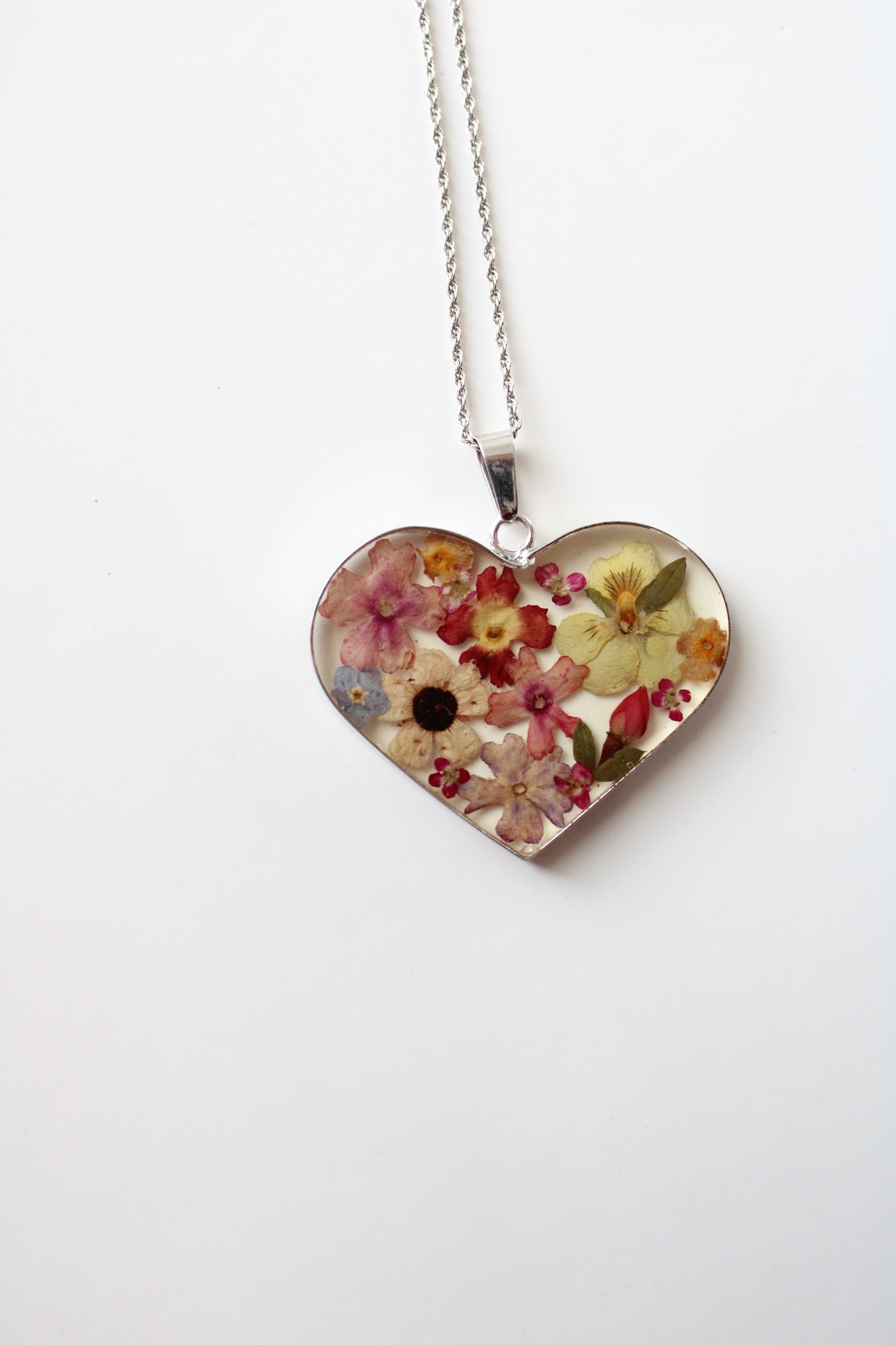 Wildflower Resin Silver Heart Pendant Necklace