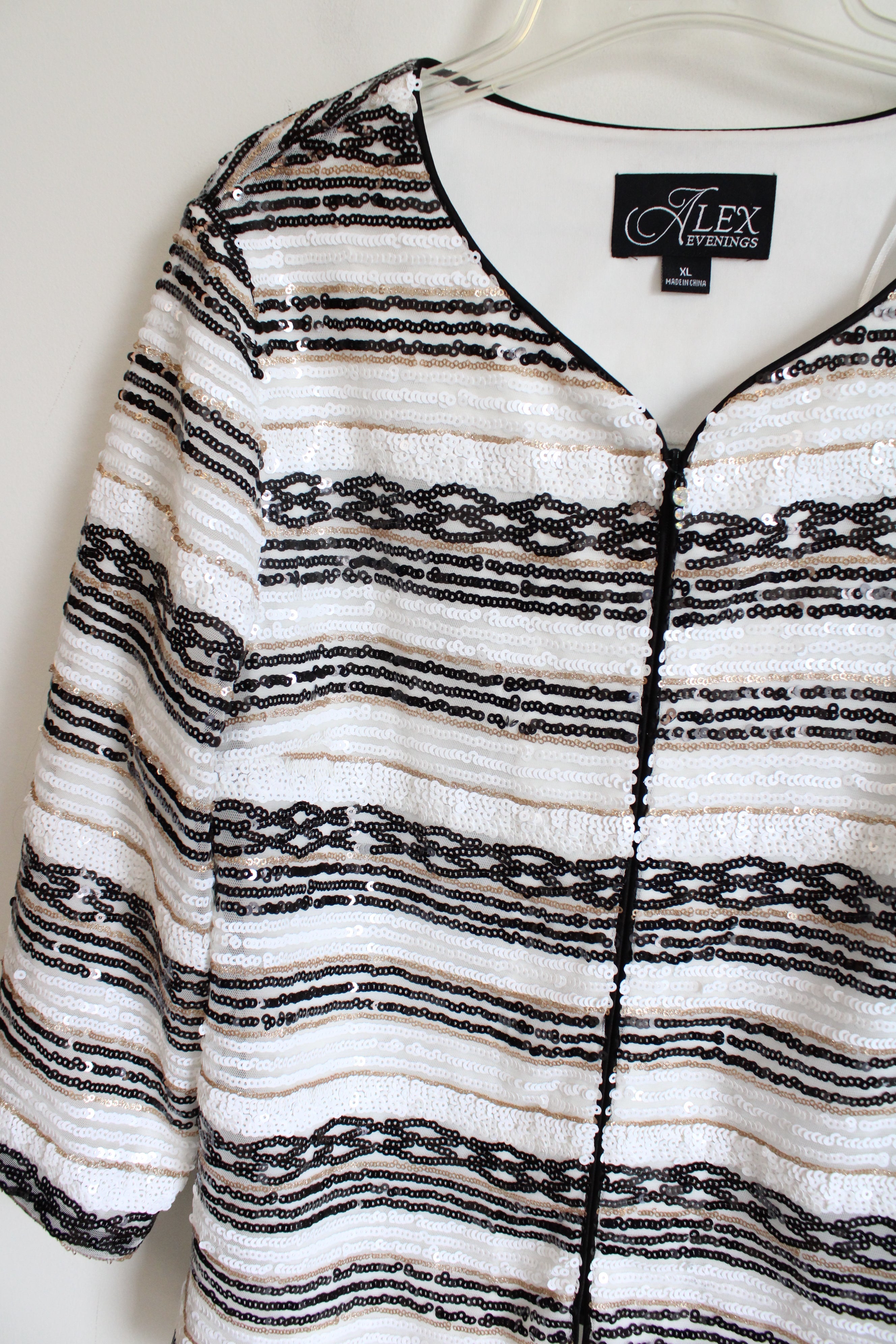 Alex Evenings Black Tan & White Striped Sequined Jacket | XL