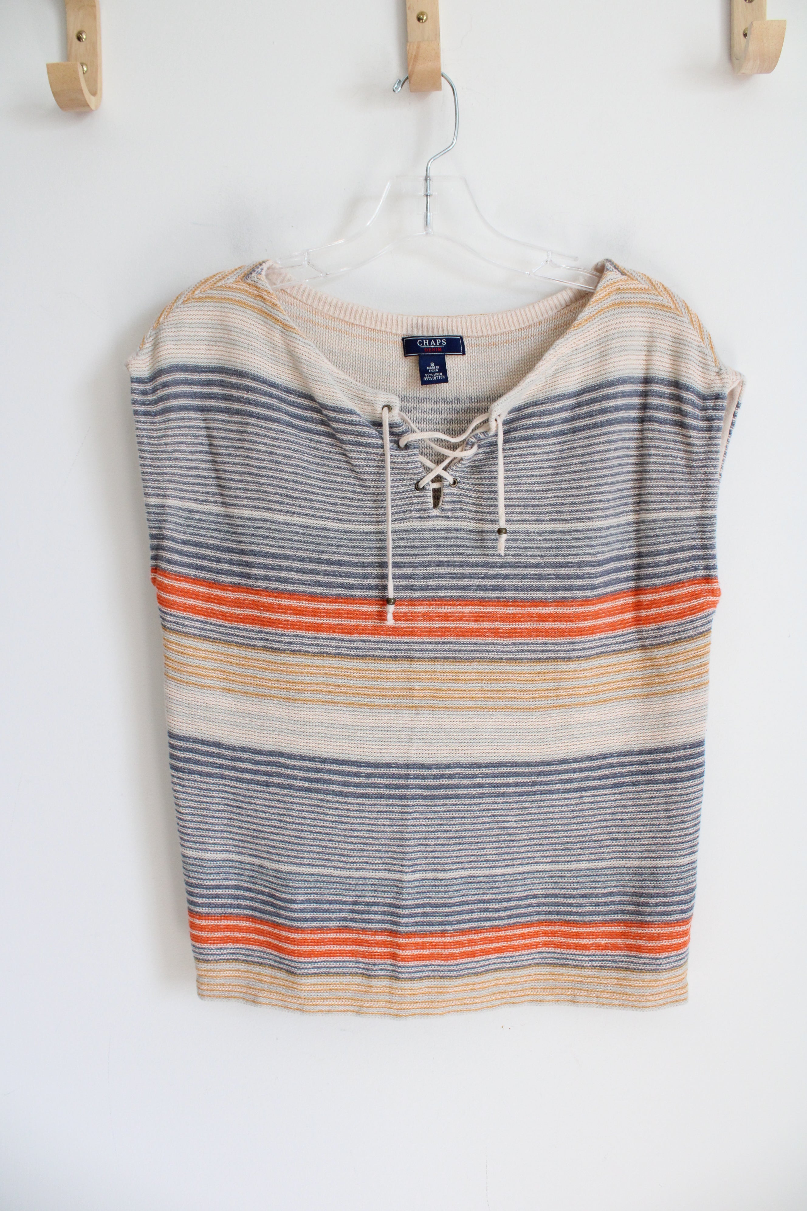 Chaps Denim Blue Orange & Yellow Striped Knit Linen Cotton Blend Top | S