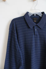 Van Heusen Blue Striped Collared Henley Shirt | L