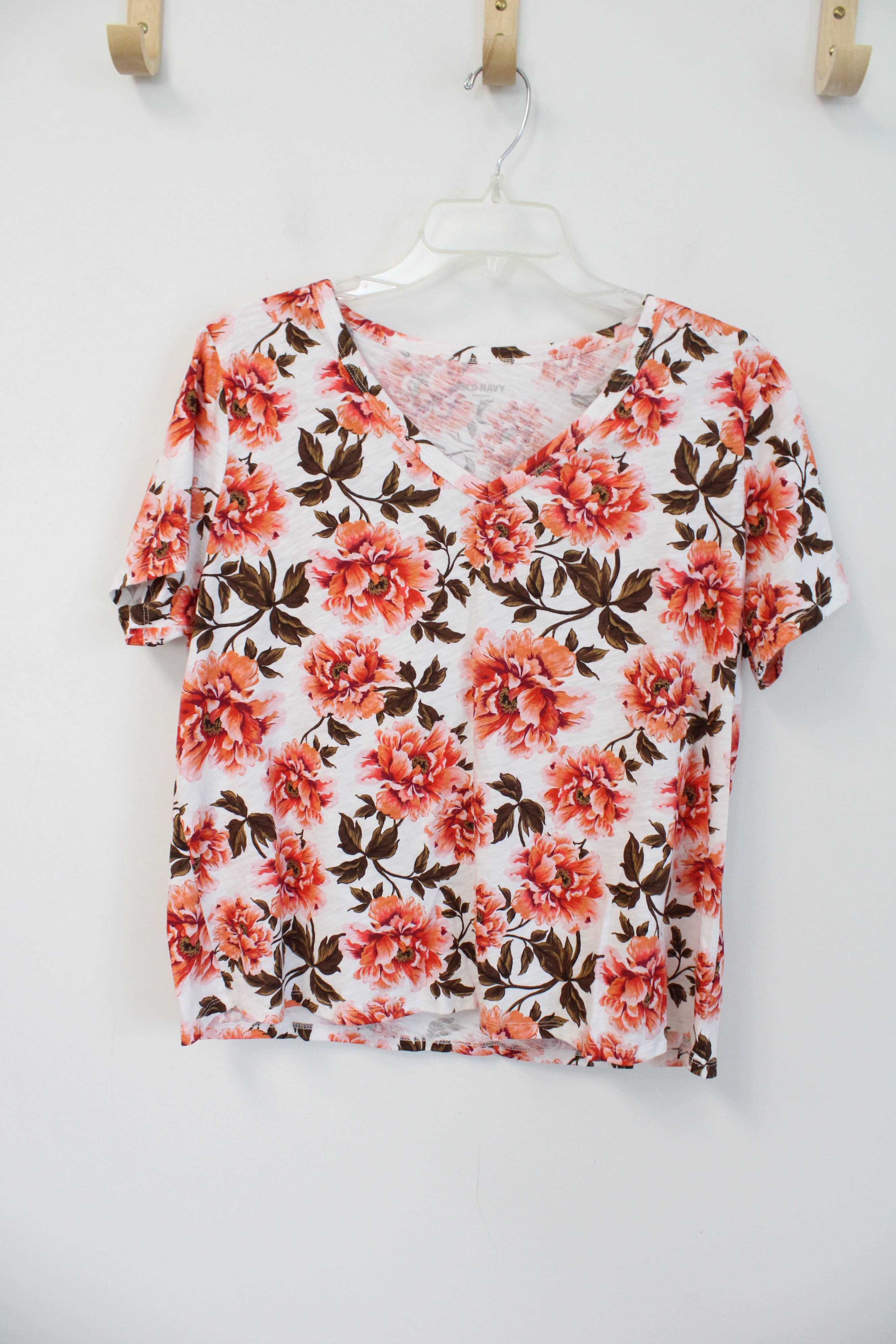 Old Navy Orange & Brown Floral V-Neck Top | L