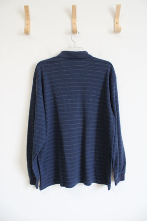 Van Heusen Blue Striped Collared Henley Shirt | L