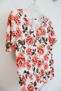 Old Navy Orange & Brown Floral V-Neck Top | L