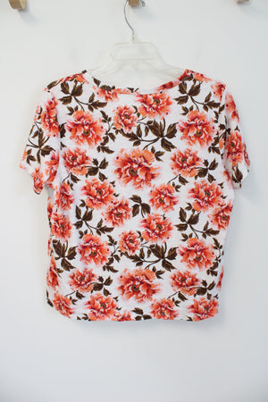 Old Navy Orange & Brown Floral V-Neck Top | L