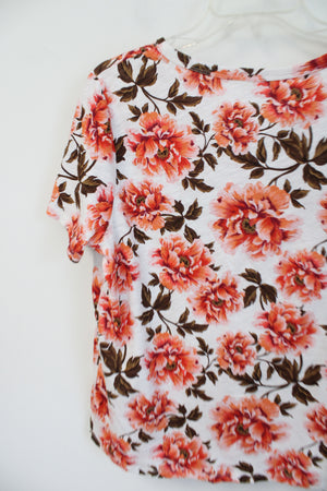 Old Navy Orange & Brown Floral V-Neck Top | L