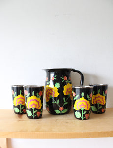 Ten Thousand Villages Black Hand Painted Stainless Steel Floral Pitcher & Cup Set