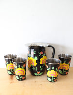 Ten Thousand Villages Black Hand Painted Stainless Steel Floral Pitcher & Cup Set